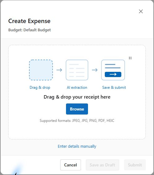 Figure 2 Create Expense offers receipt upload and manual entry